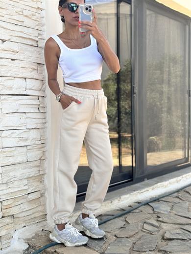 Kadın Üç İplik Cepli Bel ve Paça Lastikli Eşofman Altı Bej