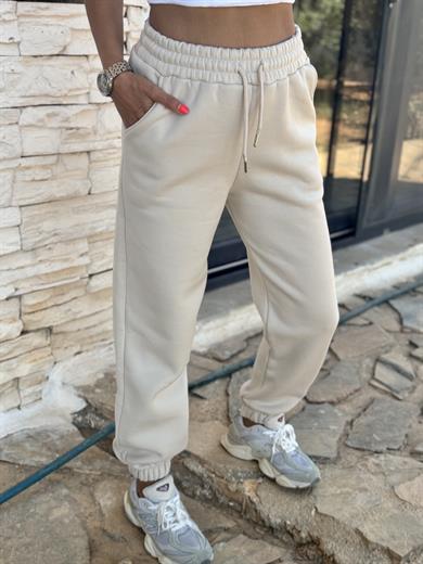 Kadın Üç İplik Cepli Bel ve Paça Lastikli Eşofman Altı Bej