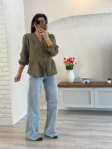 Kadın Yakası Bağlamalı Kolu Lastikli Bol Müslin Gömlek Haki