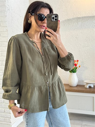 Kadın Yakası Bağlamalı Kolu Lastikli Bol Müslin Gömlek Haki