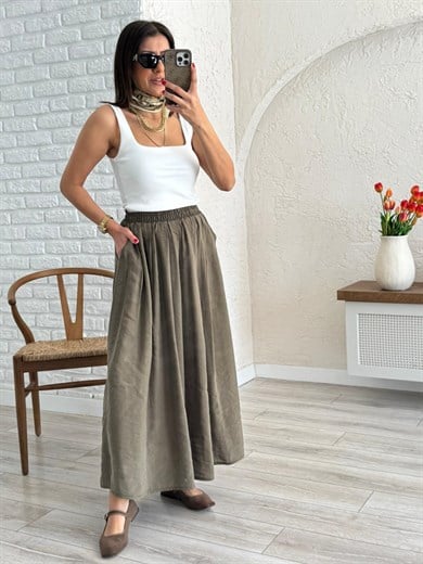 Kadın Yandan Cepli Pileli Etek Haki