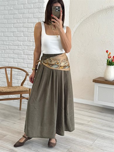 Kadın Yandan Cepli Pileli Etek Haki