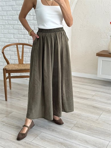 Kadın Yandan Cepli Pileli Etek Haki