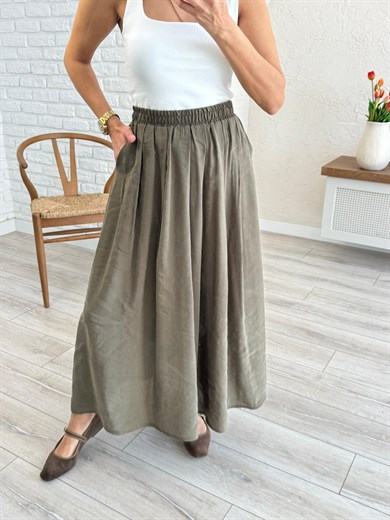 Kadın Yandan Cepli Pileli Etek Haki