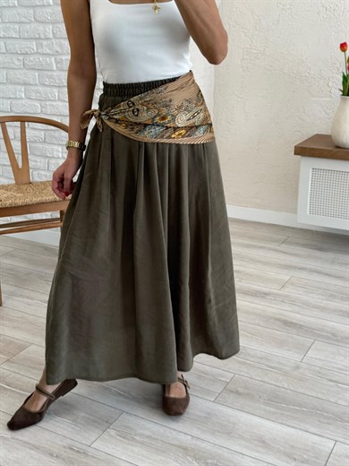 Kadın Yandan Cepli Pileli Etek Haki