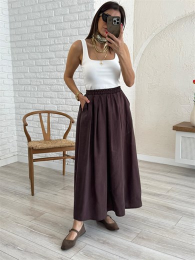 Kadın Yandan Cepli Pileli Etek Kahve 