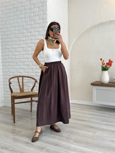 Kadın Yandan Cepli Pileli Etek Kahve 