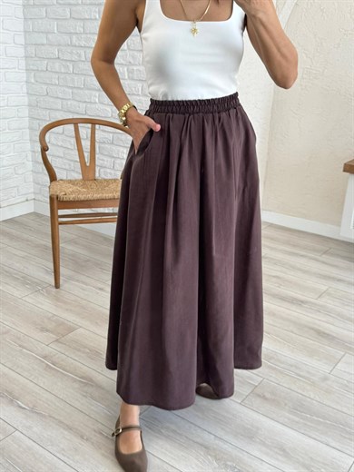 Kadın Yandan Cepli Pileli Etek Kahve 