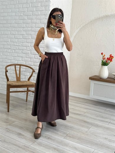 Kadın Yandan Cepli Pileli Etek Kahve 