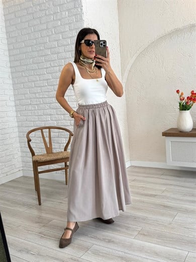 Kadın Yandan Cepli Pileli Etek Taş