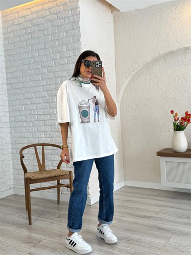 Kahve Kadın Baskılı Oversize Tişort 