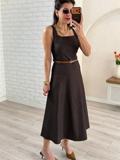 Kahve Kare Yaka Midi Boy Kemerli Denim Elbise