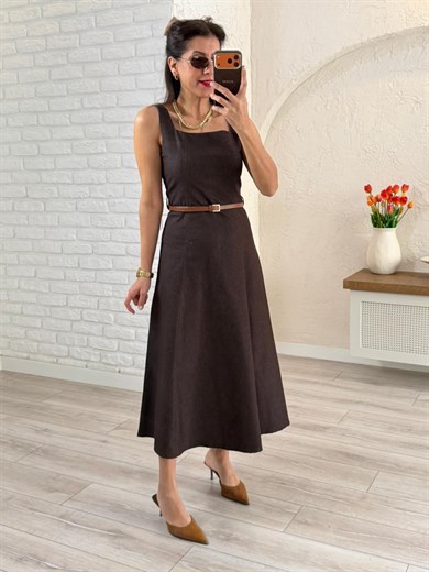 Kahve Kare Yaka Midi Boy Kemerli Denim Elbise