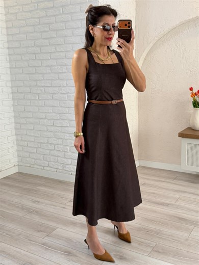 Kahve Kare Yaka Midi Boy Kemerli Denim Elbise