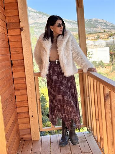 Kahve Parçalı Ekose Etek