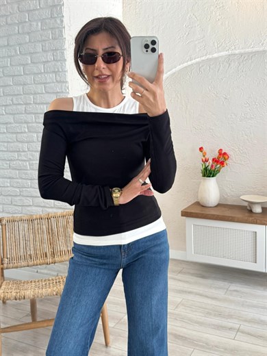 Kalın Askı Detaylı Kayık Yaka Badi  Siyah