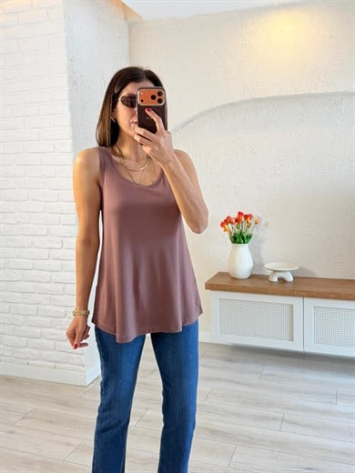 Kalın Askılı Yumuşak Doku Dökümlü Atlet Mürdüm Kahve