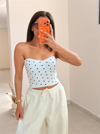 Kalp Yaka Puantiyeli Crop Top Beyaz 