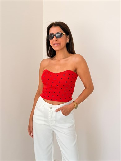 Kalp Yaka Puantiyeli Crop Top Kırmızı