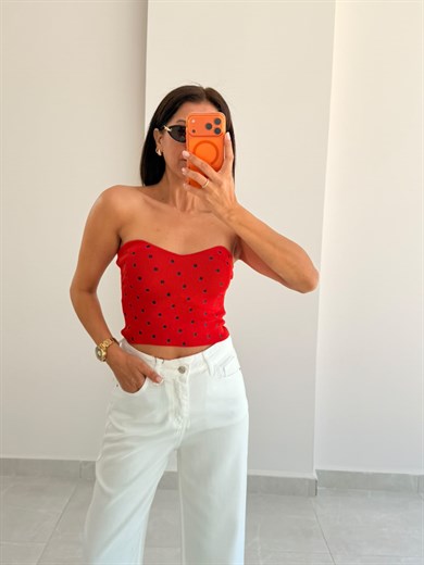 Kalp Yaka Puantiyeli Crop Top Kırmızı