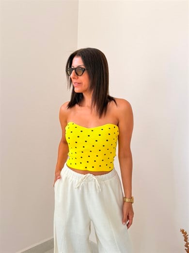 Kalp Yaka Puantiyeli Crop Top Sarı