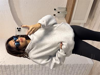 Kapşonlu ön cepli Sweat  Gri