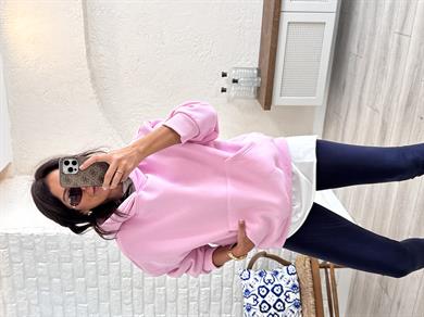Kapşonlu ön cepli Sweat Pembe