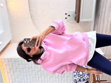 Kapşonlu ön cepli Sweat Pembe