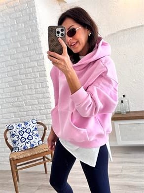 Kapşonlu ön cepli Sweat Pembe