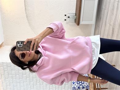 Kapşonlu ön cepli Sweat Pembe