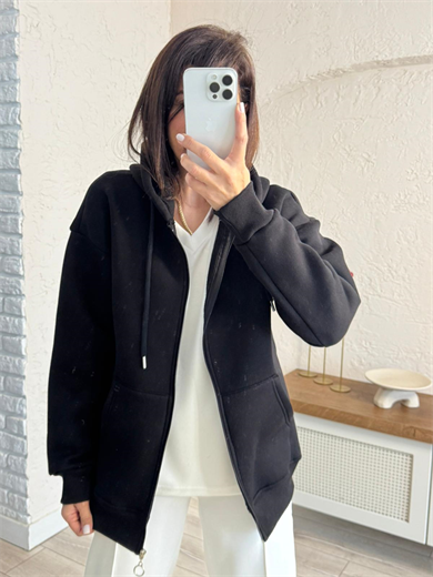 Kapüşonlu Ön Fermuarlı Üç İplik Şardonlu Ceket Siyah