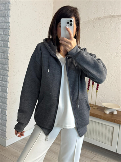 Kapüşonlu Ön Fermuarlı Üç İplik Şardonlu Ceket Koyu Gri