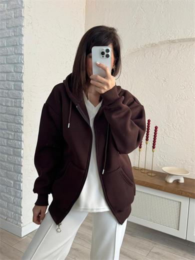 Kapüşonlu Ön Fermuarlı Üç İplik Şardonlu Ceket Kahve