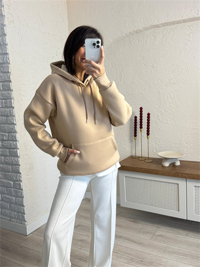 Kapüşonlu Üç İplik Şardonlu Kanguru Cep Sweat Koyu Bej