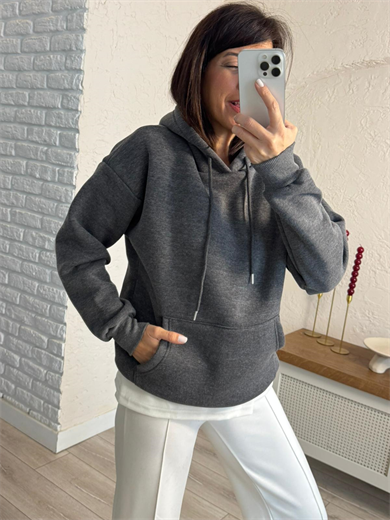 Kapüşonlu Üç İplik Şardonlu Kanguru Cep Sweat Koyu Gri