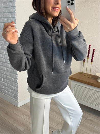 Kapüşonlu Üç İplik Şardonlu Kanguru Cep Sweat Koyu Gri