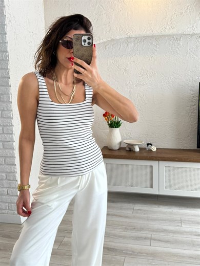 Kare Yaka Çizgili Korse Atlet Beyaz