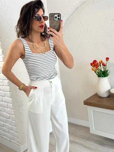 Kare Yaka Çizgili Korse Atlet Beyaz