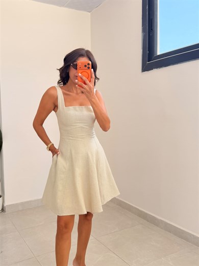 Kare Yaka Keten Mini Elbise Taş 