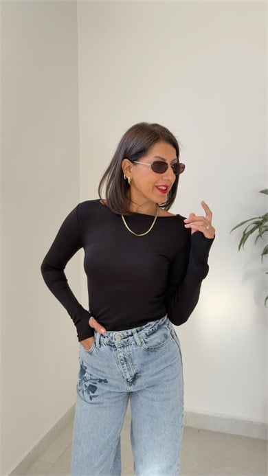 Kayık Yaka Modal Kumaş Parmak Geçirmeli Bluz Siyah