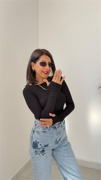 Kayık Yaka Modal Kumaş Parmak Geçirmeli Bluz Siyah