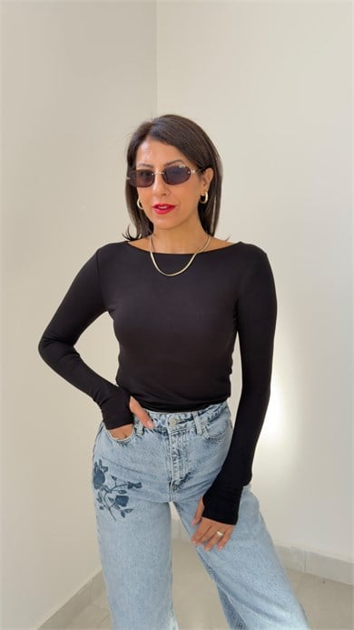 Kayık Yaka Modal Kumaş Parmak Geçirmeli Bluz Siyah