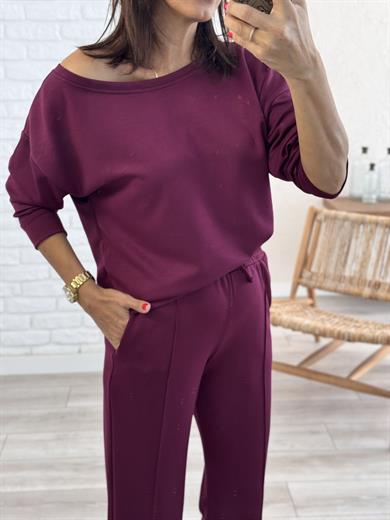 Kayık Yaka Ön Çımalı Palazzo Takım Bordo