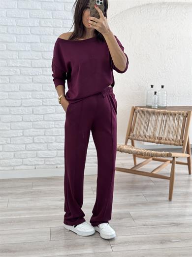 Kayık Yaka Ön Çımalı Palazzo Takım Bordo