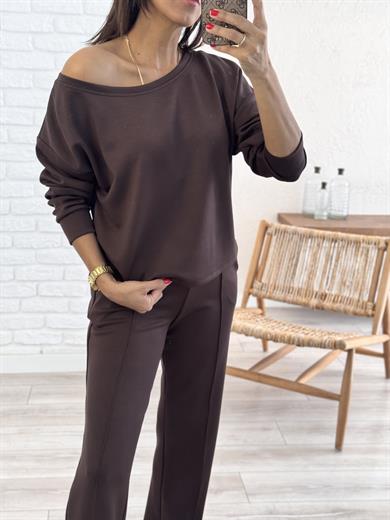 Kayık Yaka Ön Çımalı Palazzo Takım Kahve