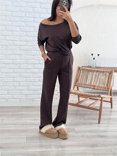 Kayık Yaka Ön Çımalı Palazzo Takım Kahve