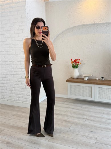 Kemer Detaylı Tayt Pantolon Kahve