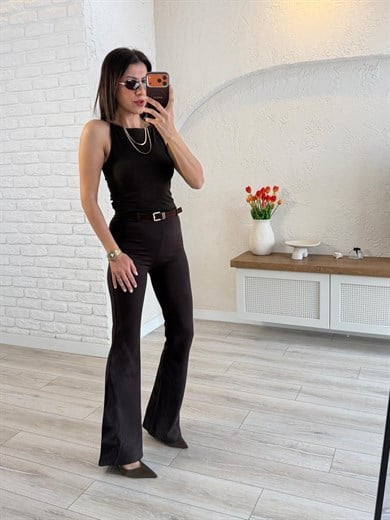 Kemer Detaylı Tayt Pantolon Kahve
