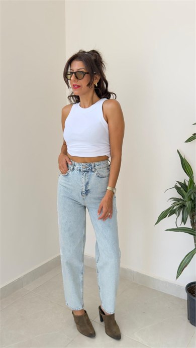 Kenar Çiçek Nakışlı Balon Jean Açık Mavi
