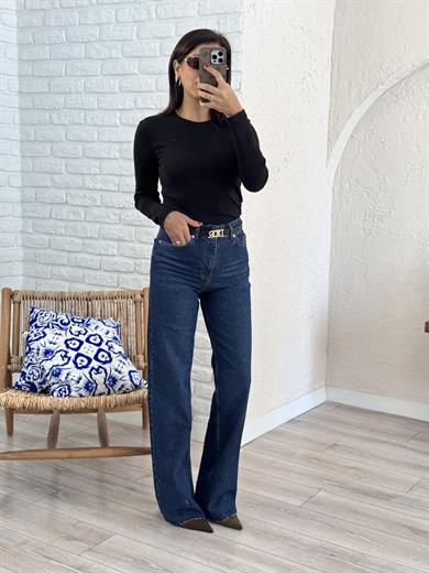 Kesik Paça Straght Jean Koyu Mavi